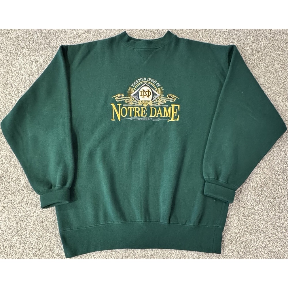 Vintage 90s Notre Dame Sweatshirt Mens Large Embroidered Green Boxy Crewneck
